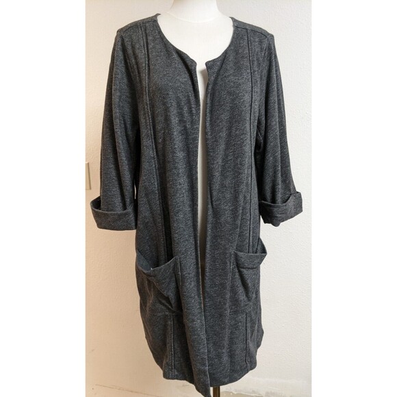 GARNET HILL Gray Cotton Terry Blend 3/4 Rolled Slv Long Open Duster Cardigan M - Picture 1 of 9